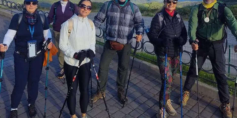 Group of pilgrims with poles on the Camino de Santiago