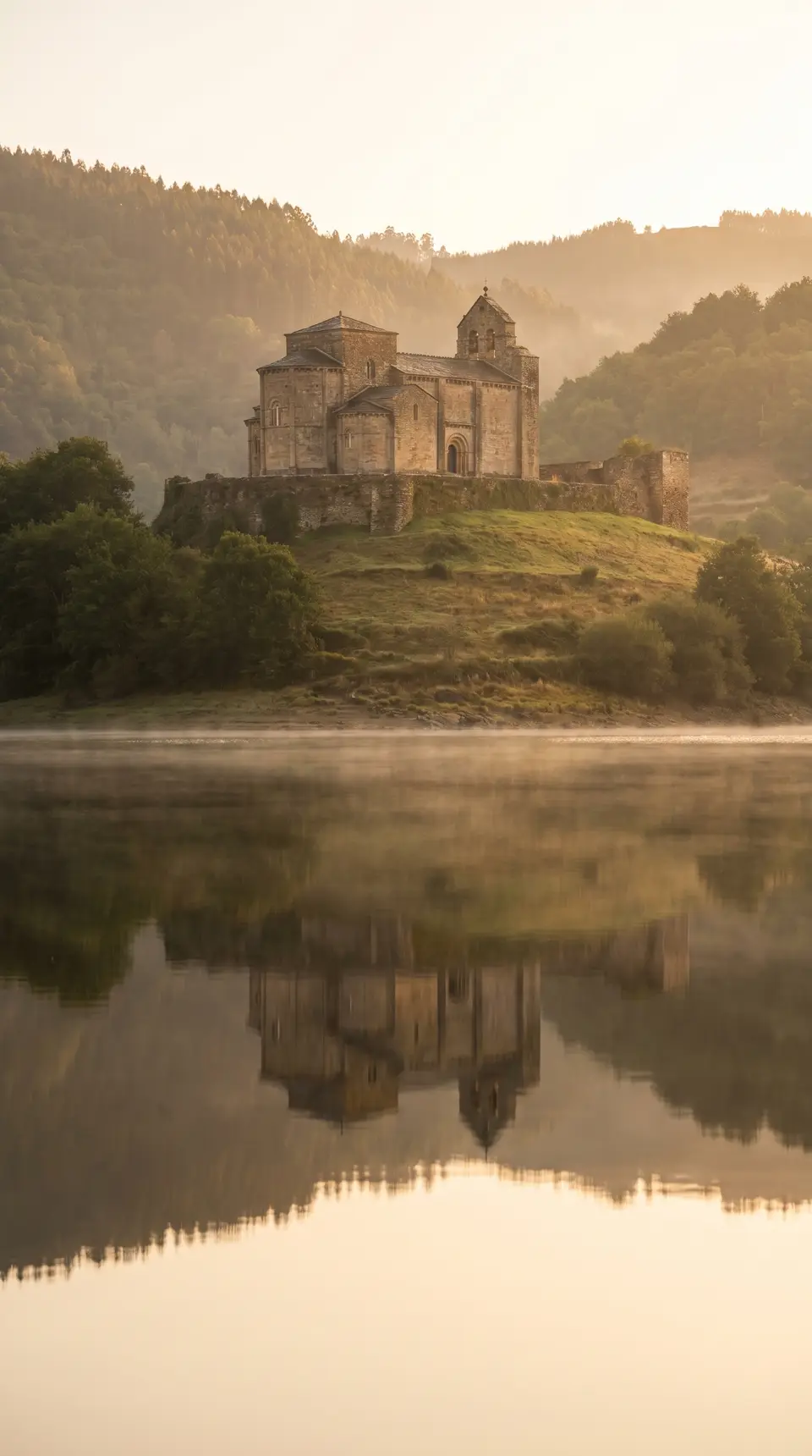 La iglesia-fortaleza de Portomarín sobre el embalse de Belesar