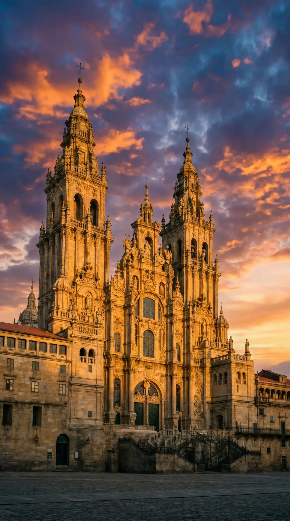 La fachada del Obradoiro de la Catedral de Santiago al atardecer