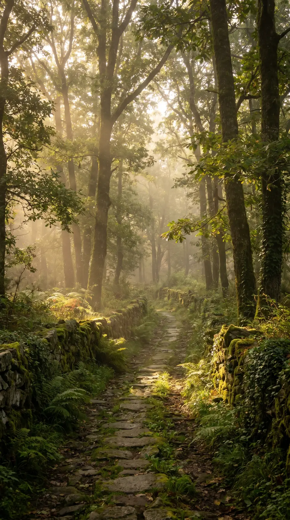 Sendero de piedra entre el bosque verde de Galicia cerca de Sarria