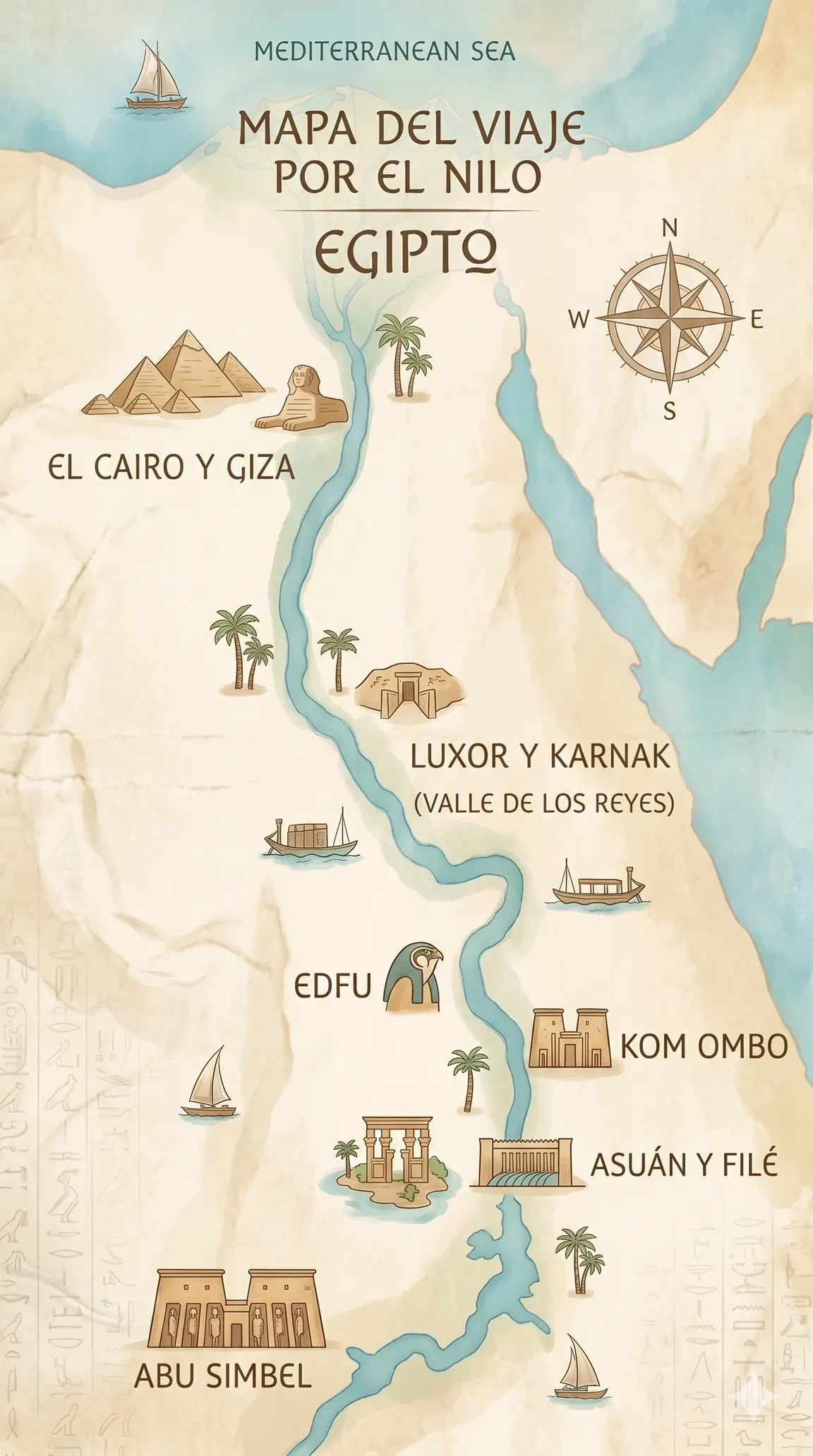 Mapa ilustrado del viaje por el Nilo: del Cairo y Giza a Abu Simbel, pasando por Luxor, Edfu, Kom Ombo y Asuan.