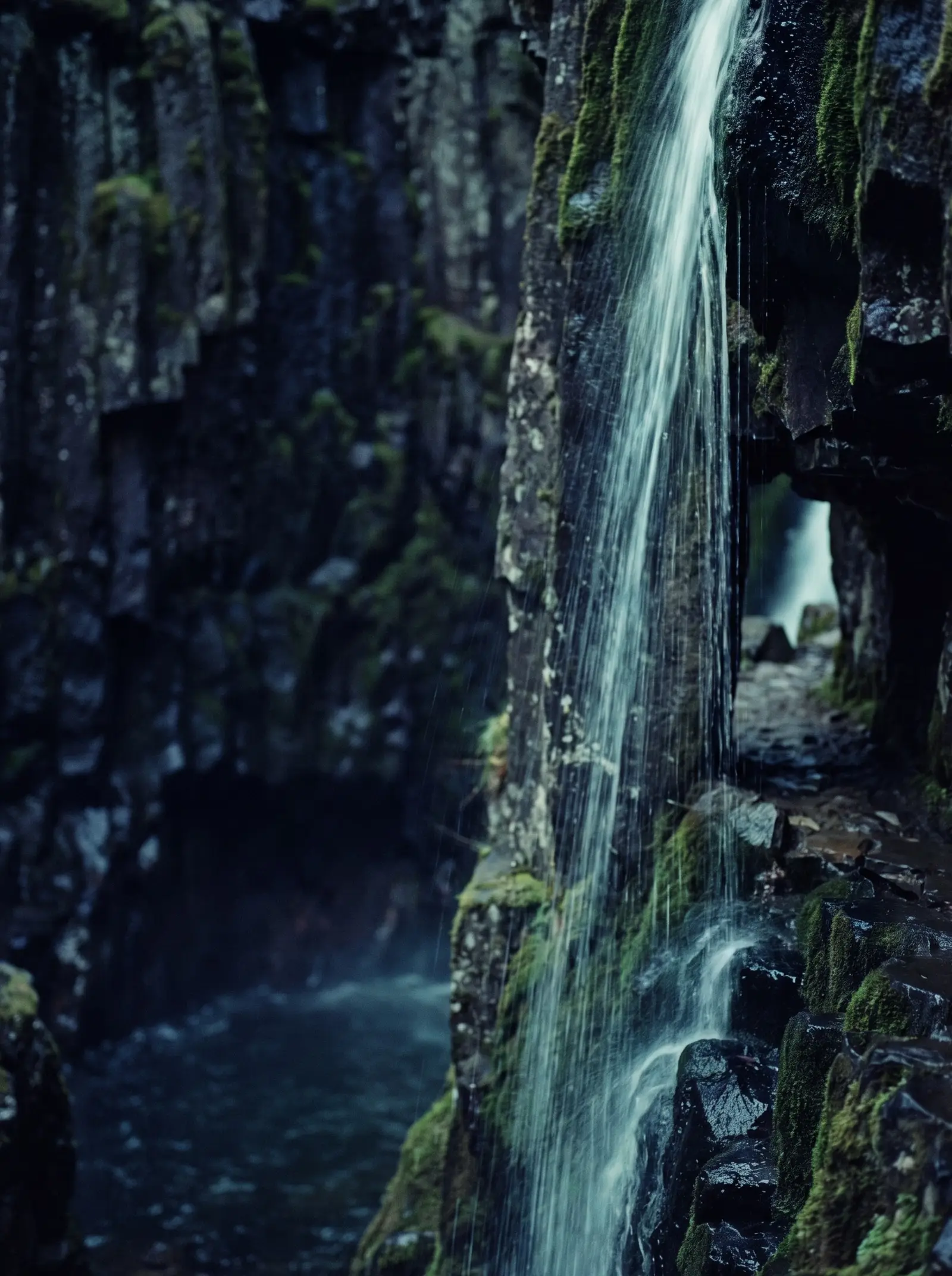 Cascada fina cayendo ante una pared de basalto con musgo, en una garganta de bosque en sombra