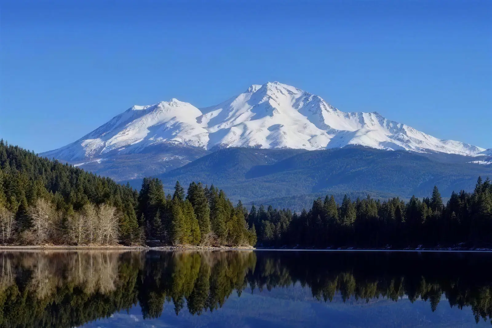Mount Shasta nevado reflejado en el lago Siskiyou